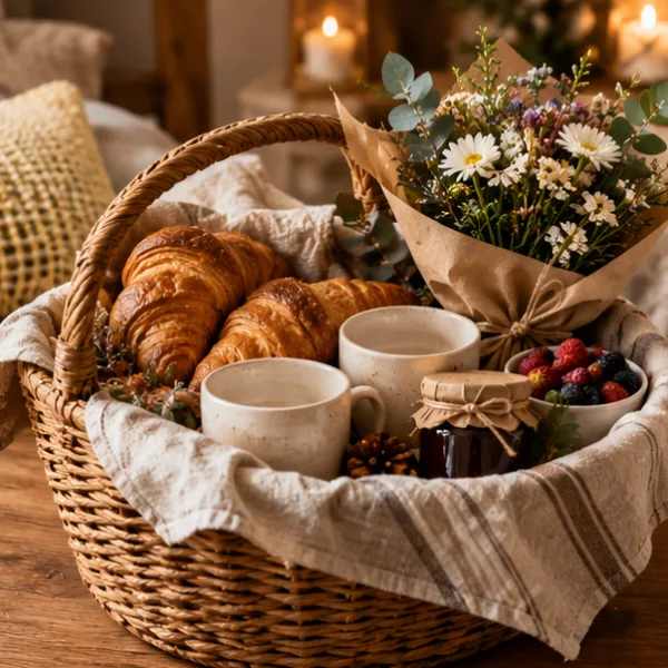 Snídaňový košík pro dva s croissanty, marmeládou a hrnky