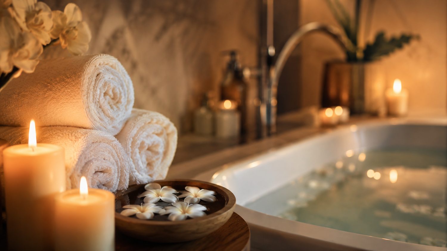 Klidné wellness se svíčkami, ručníky a květinami u vany — relaxační dárek pro ženu