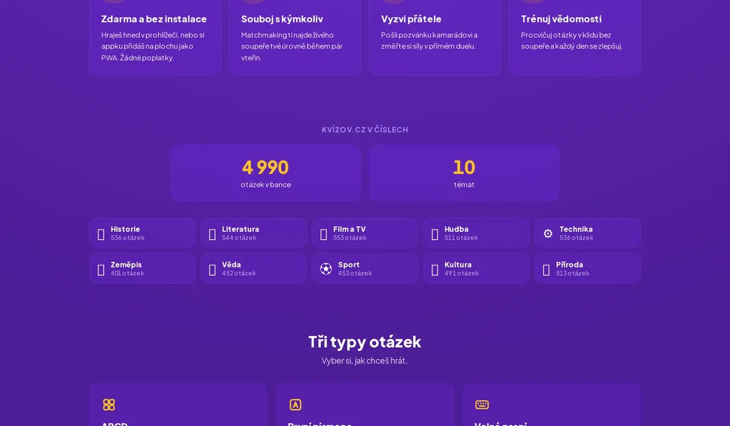 Přehled témat a banky otázek na Kvízov.cz – historie, literatura, film, hudba, technika, zeměpis a další