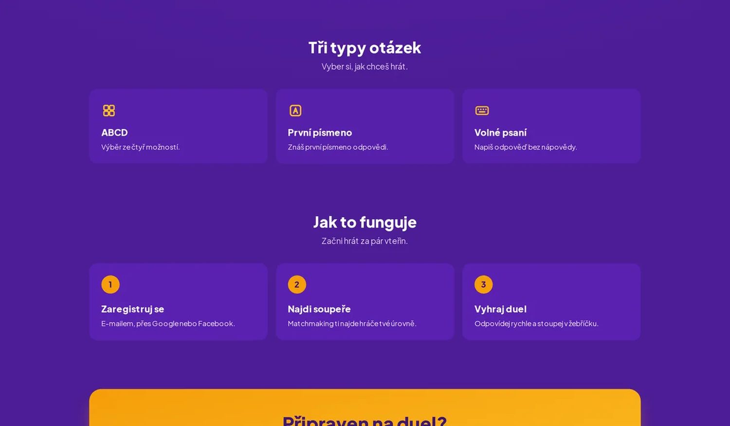 Tři typy otázek na Kvízov.cz – ABCD, první písmeno a volné psaní – a tři kroky jak začít hrát
