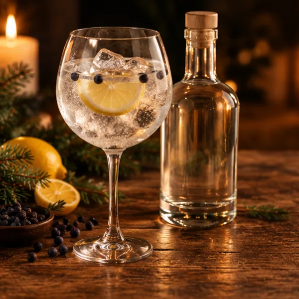 Gin s tonikem, ledem, citronem a jalovcem vedle lahve ginu