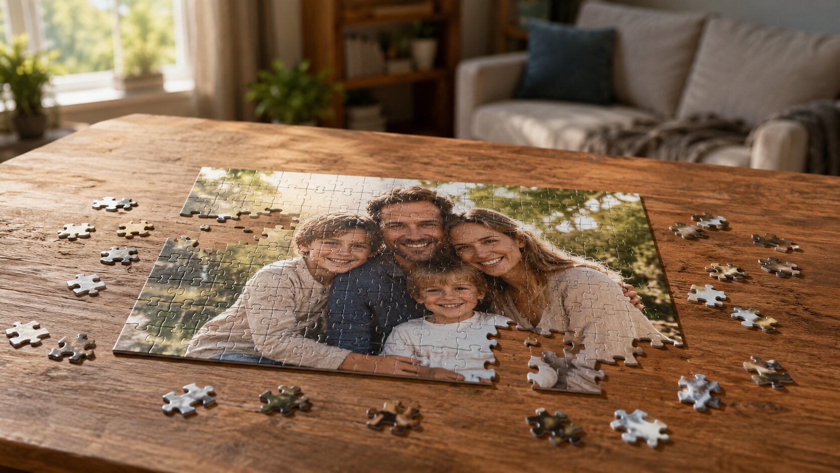 Personalizovaný dárek 2026 — puzzle z rodinné fotky s dílky rozloženými na stole