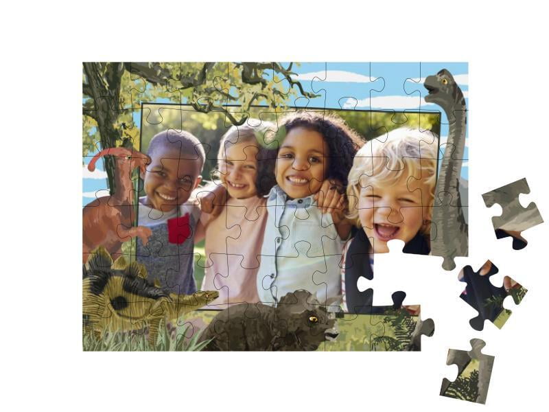 Dětské puzzle se 48 dílky s dinosaury a fotkou dítěte