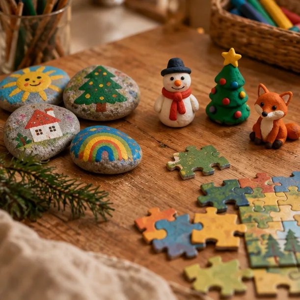Malované kamínky, figurky z modelíny a dílky puzzle