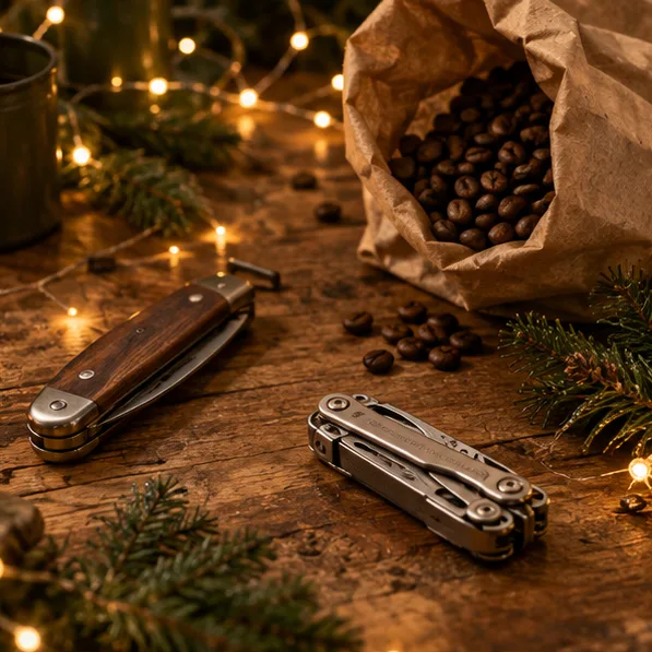 Kapesní nůž, multitool a výběrová káva na dřevěném stole