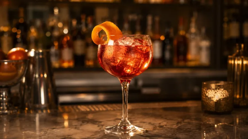 Italský vermouth Martini Fiero jako dárek pro přítele - sklenice s ledem a citrusovou kůrou