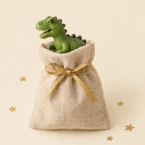 Lněný pytlíček se zlatou mašlí, ze kterého vykukuje zelený dinosaurus