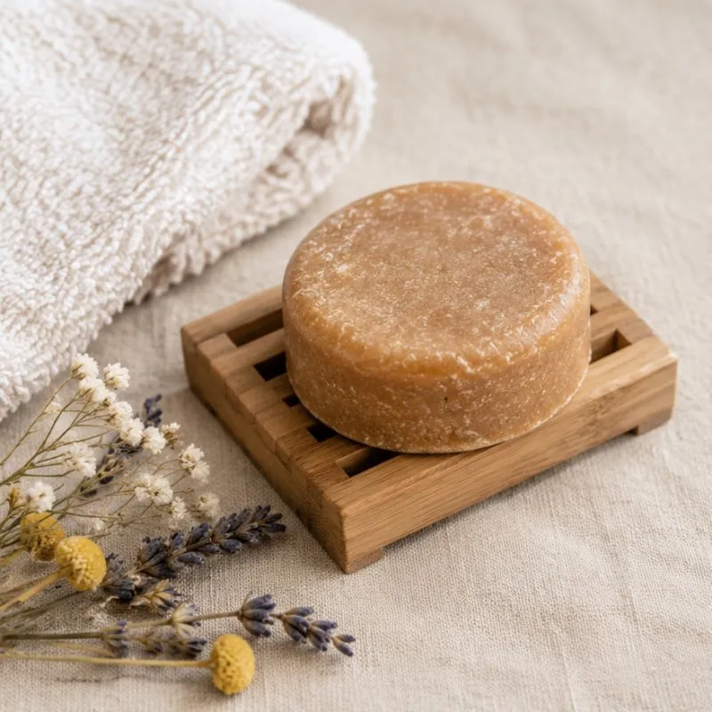 Tuhý šampon s vůní pralinek na dřevěné mýdlence - zero waste BIO kosmetika jako dárek