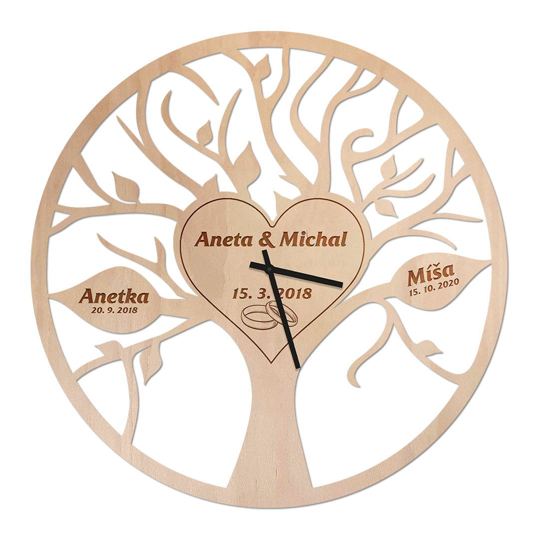 Dřevěné nástěnné hodiny - Rodinný strom života Velikost hodin: průměr 30cm